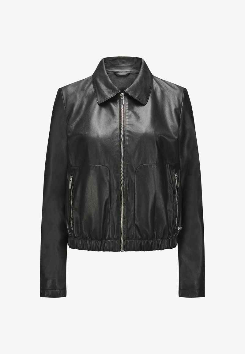 Schwarze Lederjacke mit Kragen, Frontreißverschluss und zwei Seitentaschen. Verfügt über einen gerafelten Saum und eine glatte Textur.