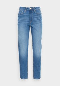 Modré džínové kalhoty s rovnýma nohavicema, pěti kapsami, zapínáním na knoflík a mírným vyblednutím na stehnech. Prošité detaily podél švů.