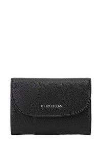 Portefeuille en cuir noir avec une finition texturée, présentant une fermeture rabat proéminente et un logo "FUCHSIA" embossé à l'avant.