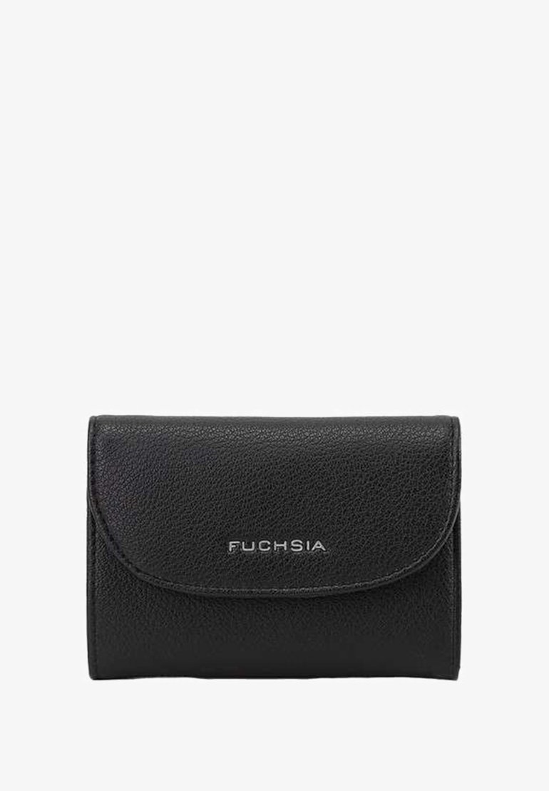Portefeuille en cuir noir avec une finition texturée, présentant une fermeture rabat proéminente et un logo "FUCHSIA" embossé à l'avant.