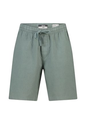 Shorts verts unis avec taille élastique, lien de serrage, poches avant, et une étiquette de coupe régulière à l'intérieur de la ceinture.