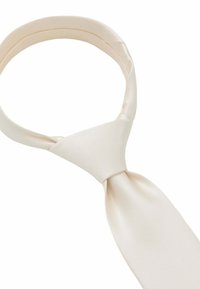 Pale ivory satin tie with a smooth texture, featuring a classic cut and a subtle ribbed pattern. The material has a slight sheen.