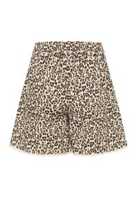 Leopardmönstrade shorts med elastisk midja, med en beige bakgrund och mörkbruna fläckar. Scalloped detalj i nederkant.