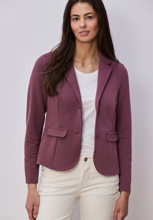 Vrouw draagt een geborstelde mauve blazer over een wit shirt en lichtbeige broek, staand tegen een effen lichtgrijze achtergrond.