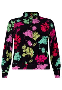 Schwarzes Langarmhemd mit floralem Muster in Pink und Grün, ausgestattet mit einem Kragen, Knopfleiste und einem lockeren Schnitt. Weiche Stofftextur.
