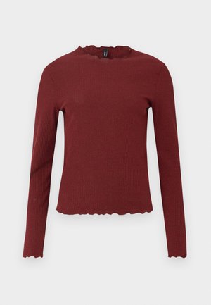 Burgundy long-sleeve top made of ribbed fabric, features a scalloped neckline and hem, with a fitted silhouette.