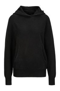 Zwarte hoodie met een voorzak, ribgebreide manchetten en zoom. Heeft een relaxte pasvorm en een zachte textuur, met een licht oversized fit.