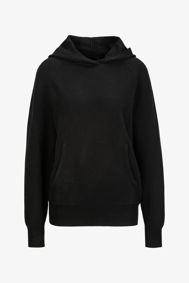 Zwarte hoodie met een voorzak, ribgebreide manchetten en zoom. Heeft een relaxte pasvorm en een zachte textuur, met een licht oversized fit.
