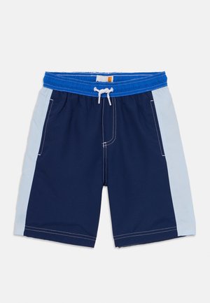 Navy blue swim shorts with light blue side panels, elastic waistband, and white drawstring. Features white stitching and side pocket.