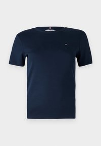 Navy blue cotton T-shirt with a round neckline, short sleeves, and a small logo accent on the left chest. Smooth texture, no patterns.