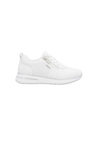 White sneaker with mesh and synthetic upper, featuring perforated accents, a flat sole, and side zipper for easy access.