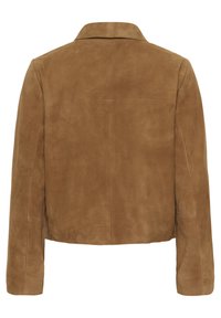 Bruine suède jas met een kraag, lange mouwen en een eenvoudig ontwerp. Heeft een gladde textuur en een rechte snit.