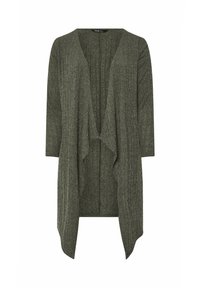 Oliwkowy kardigan rozpinany z trzema ćwiartkami rękawów, o ribbowanej fakturze i swobodnym kroju. Brak widocznych zapięć lub zamknięć.