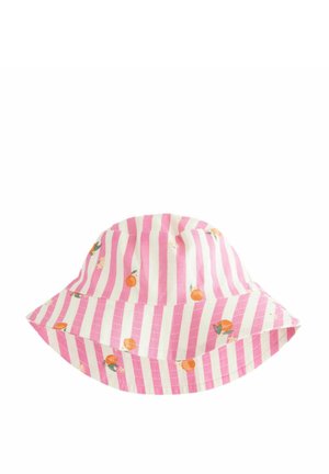 Pink and white striped bucket hat made of cotton, featuring small orange and floral patterns throughout. Wide brim, soft texture.