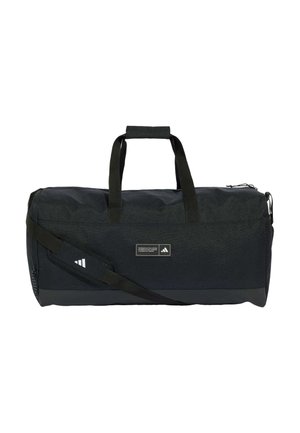 Musta Adidas duffel-laukku olkahihnalla, yläkahvoilla ja logopläärillä edessä valkoisella taustalla.