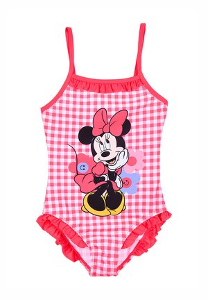 Mädchen-Badeanzug in rosa Vichy-Karos mit Rüschen und Minnie Maus, die eine Schleife, ein Kleid und gelbe Schuhe trägt, auf der Vorderseite gedruckt.