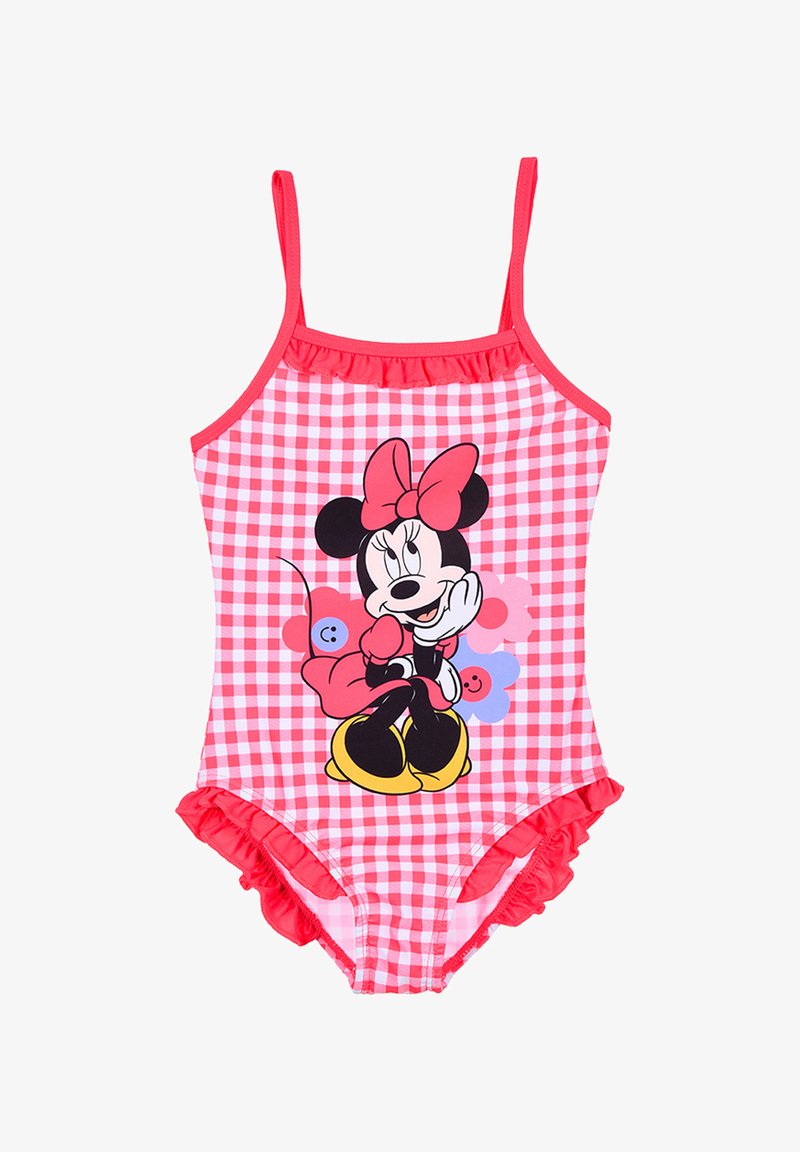 Maillot de bain vichy rose pour filles avec volants et impression de Minnie Mouse portant un nœud, une robe et des chaussures jaunes sur le devant.
