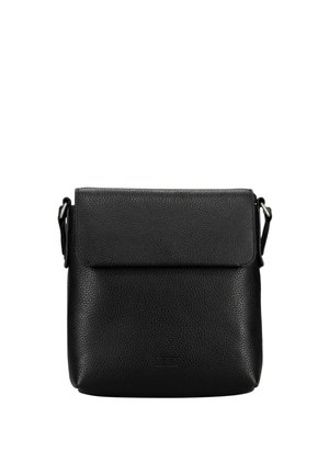Sac à bandoulière en cuir noir texturé avec fermeture à rabat et sangle réglable, forme rectangulaire, design minimaliste et logo discret sur le devant.
