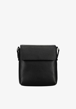 Sac à bandoulière en cuir noir texturé avec fermeture à rabat et sangle réglable, forme rectangulaire, design minimaliste et logo discret sur le devant.