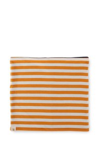 Striped neck warmer in orange and cream; made of soft fabric, featuring even-width stripes and a small logo tag at the bottom corner.