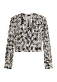 Giacca cropped in bianco e nero, caratterizzata da un motivo geometrico di diamanti e quadri, maniche lunghe e chiusura a bottoni sul davanti.