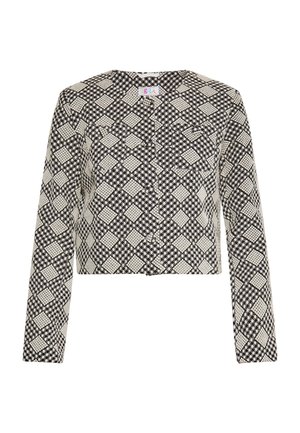 Jachetă scurtă în alb și negru, cu un model geometric de diamante și pătrate, mâneci lungi și închidere cu nasturi în față.