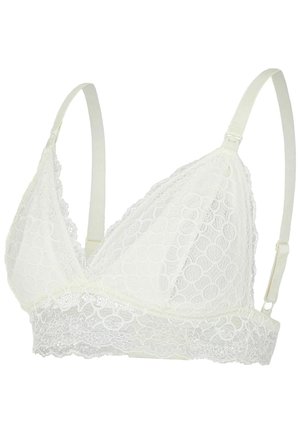 Bralette en dentelle blanc cassé avec des bonnets triangulaires doux, une garniture en dentelle décorative, des bretelles ajustables et un motif floral sur la bande.