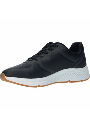Black athletic shoe with a smooth upper, lace closure, white midsole, and textured gum rubber outsole. Features minimal design accents.