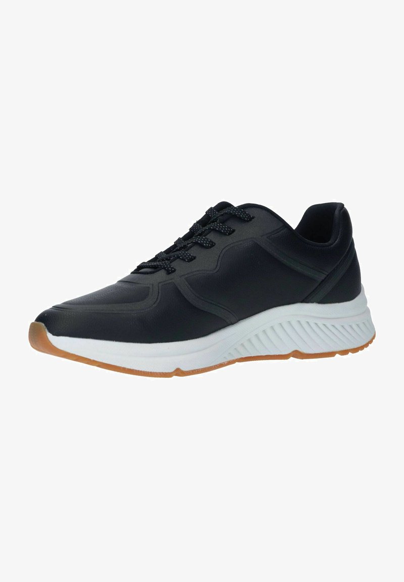 Zapatilla deportiva negra con parte superior lisa, cierre de cordones, media suela blanca y suela de goma texturizada en color goma. Presenta acentos de diseño mínimos.