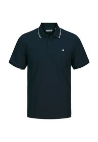 Navy-Polohemd aus strukturiertem Stoff mit einem gerippten Kragen in Weiß und einem kleinen Logo auf der Brust. Mit kurzen Ärmeln.