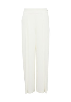 White, wide-leg trousers made of smooth fabric. Features front pleats and an elastic waistband for comfort. Tailored and minimalist design.