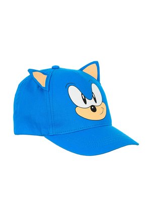 Blaue Baseballkappe mit cartoonartigen Augen, Nase und Ohren, die einem Igel-Charakter ähneln, auf schlicht weißem Hintergrund.