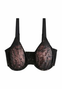 Zwarte kanten beha met voorgevormde cups, gekleed in een roze bloemenpatroon en verstelbare bandjes. De achterkant heeft een haak-en-oogsluiting.