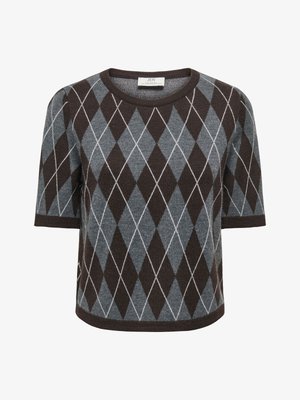 Bluză cu mâneci scurte din material tricotat, cu model argyle în diamante maro închis și gri și decolteu rotund.