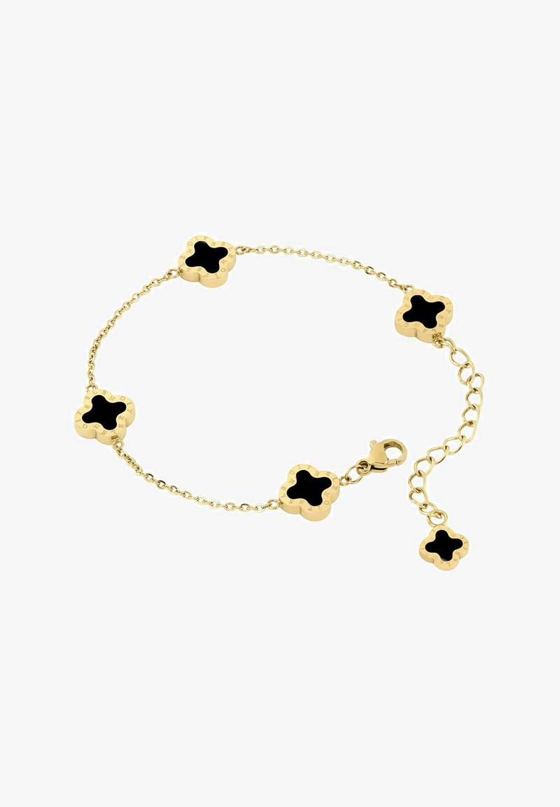 Bransoletka z łańcuszka złota z pięcioma złotymi zawieszkami w kształcie koniczynki z czarnymi środkami i regulowanym zapięciem.