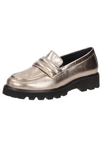 Metallisch goldene Slipper mit flacher schwarzer Gummisohle und grobem Profil. Sowie einer abgerundeten Zehenpartie und einem breiten Riemen über dem Vorderfuß.
