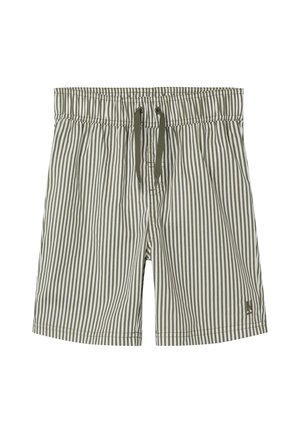Pantaloni da bagno da uomo a righe verticali in oliva e bianco. Dotati di una vita elastica con cordino e di un piccolo logo sull'orlo.