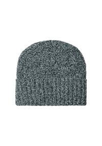 Gorro de punto en gris oscuro, con un patrón texturizado en la parte superior y un diseño acanalado en el puño. Hecho de hilo suave y grueso.