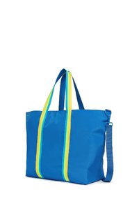 Borsa a mano blu con due manici a strisce gialle e verdi, dotata di una tracolla removibile, realizzata in un tessuto resistente e liscio, con una forma strutturata.