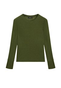 Camicia a maniche lunghe di colore verde scuro, realizzata in morbido tessuto jersey. Presenta un collo tondo e maniche aderenti con polsini allungati.