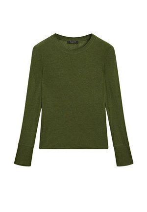 Koszula z długim rękawem w ciemnozielonym kolorze, wykonana z miękkiego materiału jersey. Posiada okrągły dekolt oraz dopasowane rękawy z wydłużonymi mankietami.