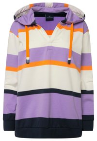 Maglione con cappuccio e scollatura a V, caratterizzato da righe orizzontali in lavanda, arancione, crema e blu navy. Tessuto di cotone morbido con una vestibilità comoda.
