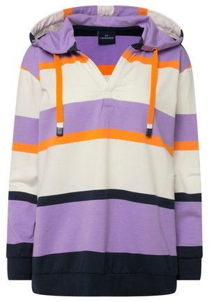 Maglione con cappuccio e scollatura a V, caratterizzato da righe orizzontali in lavanda, arancione, crema e blu navy. Tessuto di cotone morbido con una vestibilità comoda.