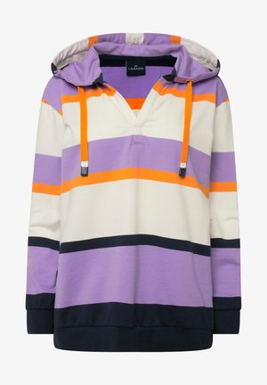 Maglione con cappuccio e scollatura a V, caratterizzato da righe orizzontali in lavanda, arancione, crema e blu navy. Tessuto di cotone morbido con una vestibilità comoda.