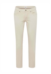 Beige gerade geschnittene Jeans aus einem Baumwollgemisch. Zu den Merkmalen gehören Vordertaschen, ein Knopfverschluss und dezente Nähdetails.