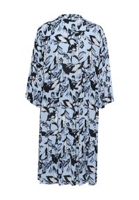 Floral print dress with short sleeves, lightweight fabric, blue background, black and white botanical pattern, knee-length, relaxed fit.