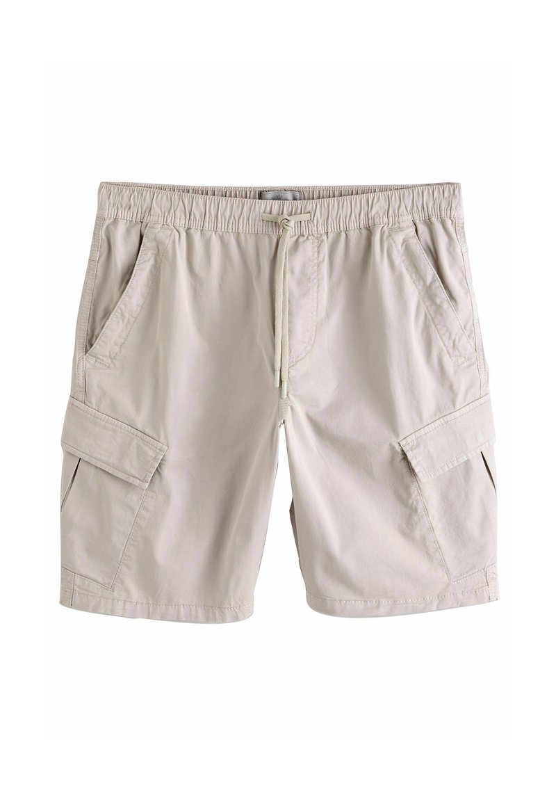 Shorts cargo beiges avec taille élastique et cordon de serrage. Comprend deux poches latérales et deux poches cargo sur les cuisses. Matière en mélange de coton.