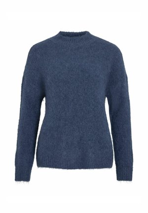 Marineblauer, flauschiger Strickpullover mit Rundhalsausschnitt und langen Ärmeln. Besitzt eine weiche Textur und einen entspannten, leicht oversized Schnitt.