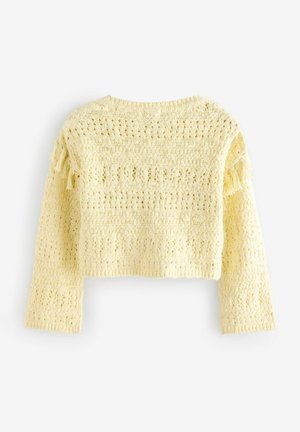 Maglione giallo corto in stile uncinetto con maniche lunghe, caratterizzato da un motivo a maglia aperta e testurizzata, con dettagli in frange lungo le maniche.