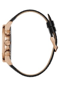 Montre en or rose avec un bracelet en cuir noir, dotée de trois poussoirs et d'un boîtier rond. Le verre est sombre et réfléchit la lumière.